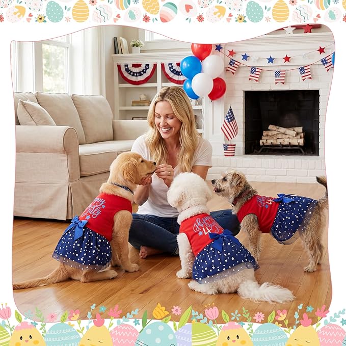 Abbylike 3 Pcs Seasonal Dog Outfits Easter Summer 4th of July Pet Costume Cotton Holiday Puppy Dress Lightweight Pet Apparel with Bowknot for Large Medium Dog Clothing, X-Small