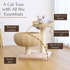 PetPals 23" High Handwoven Recycled Paper Rope Baskets Bed and Perch, Sisal Scratching Post, Playful Teaser Toy, Washable Cushion, for Indoor Cats (Beige)