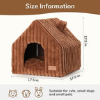 FUKUMARU Cat Houses for Indoor Cats, Washable Cute Cat Bed Cave with Removable Pillow, Large Semi-Enclosed Cozy Dog House Indoor, Soft Faux Rabbit Fur Kitten Bed, 17.5-Inch Durable Cat Hideaway, Brown