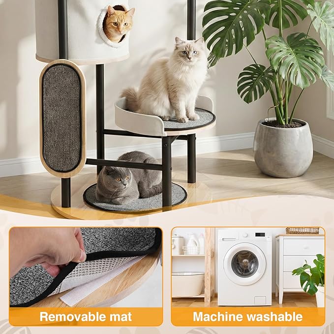 66-Inch Tall Cat Tree with Scratching Post Wooden Cat Tower with Dangling Ball Platform Hammock for Indoor Cats Large Adult