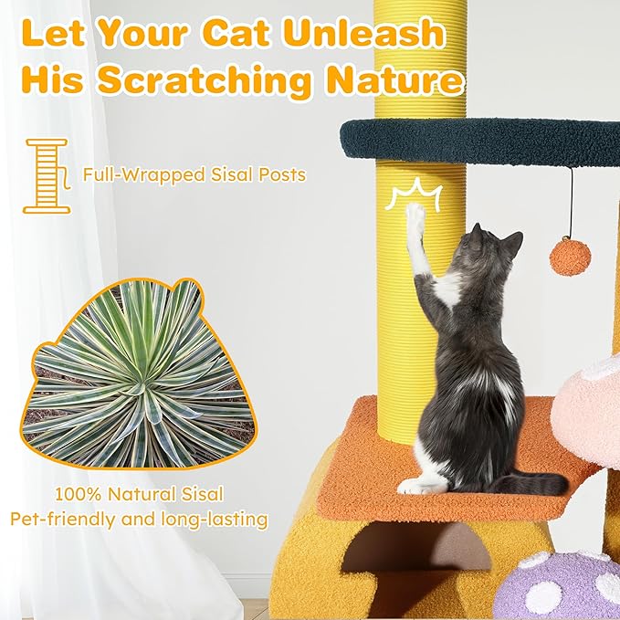 KAMABOKO Mushroom Cat Tree, Cute Cat Tower with Full-Wrapped Sisal Posts, Scratching Boards & Interactive Balls, Multi-Level Cat Activity Tree