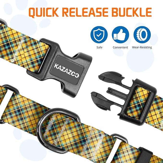 Kazazoo Martingale Collar for Dogs with Quick Release Buckle Adjustable Soft Durable Dog Collar for Small Medium Large No Pull Training Dog Collars-Yellow&Blue Plaid L