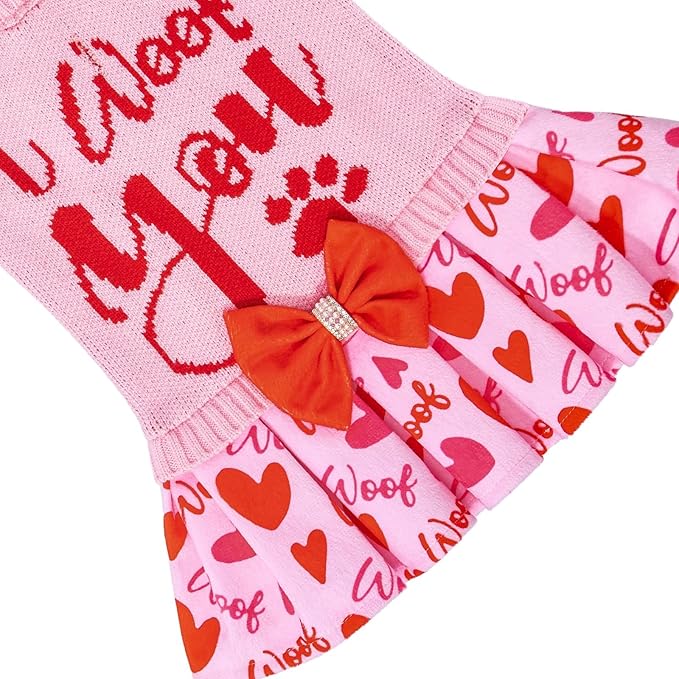 CuteBone Pink Dog Sweater Dress I WOOF You Pet Sweater Sweaters for Large Dogs with Bowtie Pullover Pupply Clothes Cats Clothes for Valentine's Day