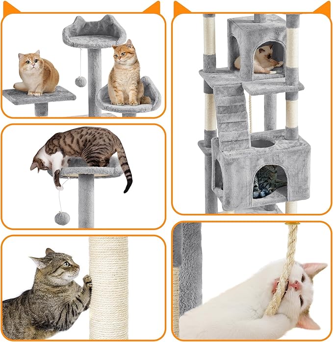 Topeakmart 72in Cat Tree for Indoor Cats, Multi-Level Cat Tower Cat Condo with Scratching Posts, 3 Perches, Cat Furniture Activity Center Play House for Cats Kitten, Light Gray