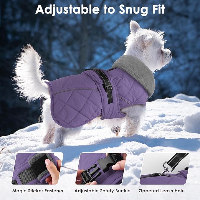 Dog Coat, Waterproof Dog Winter Jacket with Adjustable Buckle, Reflective Turtleneck Pet Snow Vest Warm Fleece Sweater for Small Medium Large Dogs - Purple, 2XL