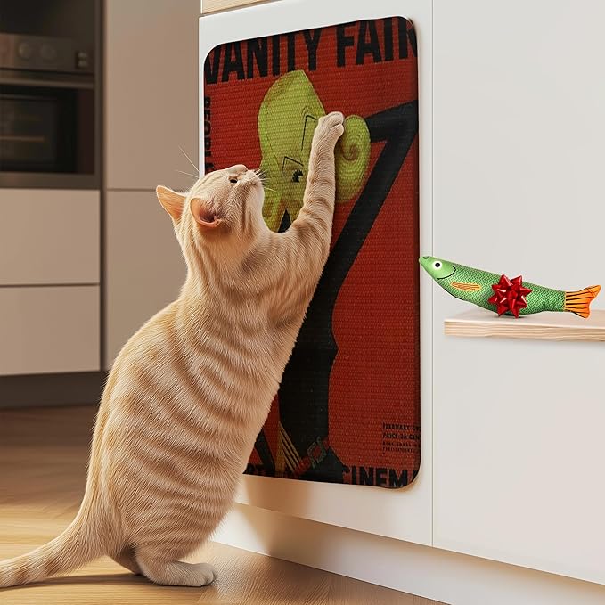 SCRATCHABLE Sisal Cat Scratcher, [+ Catnip Fish Toy], Cat Wall Scratcher, Couch Protector from Cat Scratching, Scratching Mat- 24 X 15.8 with 12 Adhesive Velcro Stripes