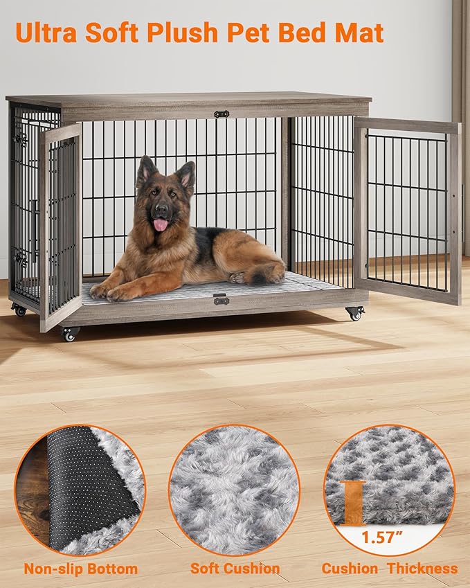 Dog Crate Furniture with Cushion Set of 2, Wooden Dog Kennel Indoor with Double Doors, Dog Cage with Wheels, Dog House Side End Table for Large Dogs up to 85 lb, 44" L, Grey