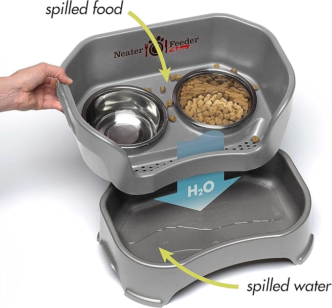 Neater Feeder Deluxe Mess-Proof Elevated Dog Bowls for Small Dogs (Up to 19 lbs), 2 Height Adjustable (6” & 7.5”) No-Spill Raised Dog Bowl Stand, Stainless Steel Food Bowl Set, Made in USA, Grey