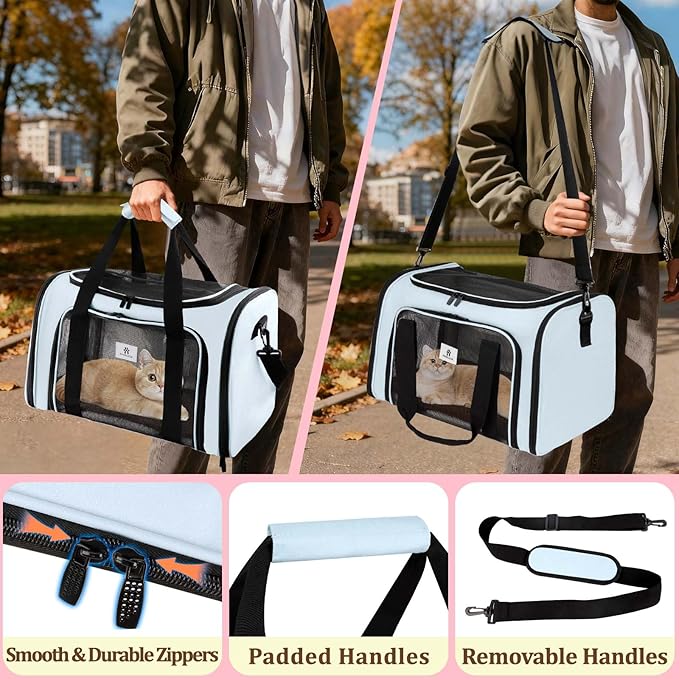 Cat Carrier Dog Carrier - Soft-Sided Cat Carrier with Plush Pad & Cooling Mat, Easy-Load 4-Side Zipper & 3-Side Mesh Ventilation, Pet Carrier Airline Approved for Cats/Dogs Up to 16 lbs, Blue