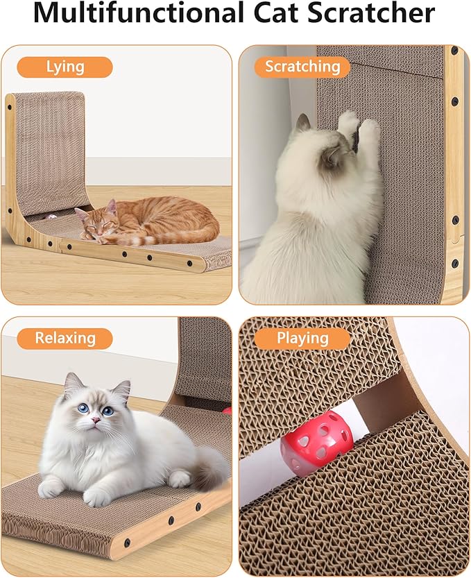 KIGOTY Cat Scratcher,27 Inch L Shape Cat Scratch Pad, Vertical Cats Scratcher Board, Cat Scratchers for Indoor Cats, Cardboard Cat Scratching with Ball,Cat Toys