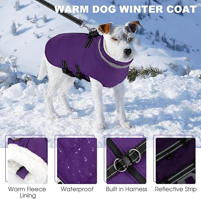 Mklhgty Large Dog Coat with Harness Built-in, Waterproof Reflective Fleece Lined - Warm Windproof Winter Jacket with Back Zipper, Cold Weather Snow Dog Coats - Purple - XL