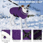 Mklhgty Large Dog Coat with Harness Built-in, Waterproof Reflective Fleece Lined - Warm Windproof Winter Jacket with Back Zipper, Cold Weather Snow Dog Coats - Purple - 2XL