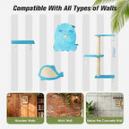 5 Pcs Wall-Mounted Climber Set, Wood Indoor with Shelves and Perches, Ladder, Condo House, Scratching Board and Tree, Wall Shelves Furniture for Cats (Ocean Blue)