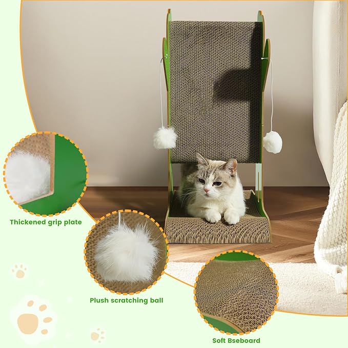 Cat Scratcher, 2-Sided Cat Cardboard Scratcher, T Shaped Vertical Cat Scratcher for Wall and Couch Protection, Cat Scratching Post with 2 Toys for Indoor Cats