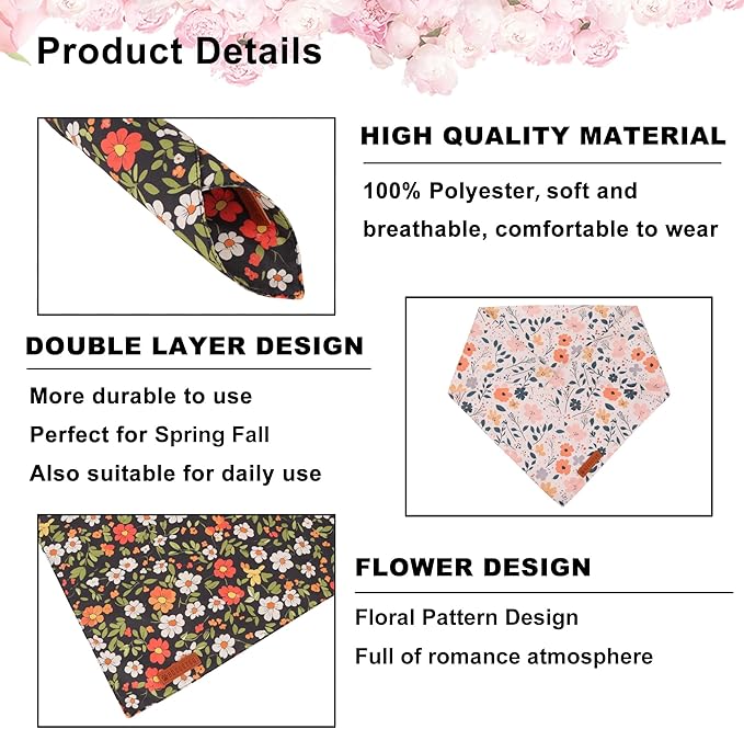 ADOGGYGO Floral Dog Bandana, Black Pink Flower Pet Scarf, Premium Durable Fabric, Cute Floral Bandanas for Extra Large Dogs (X-Large)