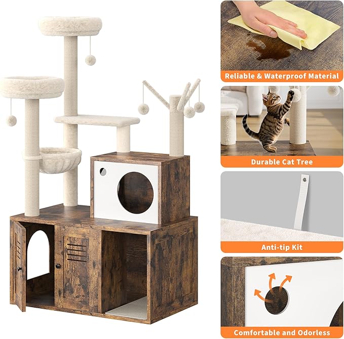 3-in-1 Cat Tree with Hidden Litter Box Cabinet - Multi-Level Tower with Scratching Posts, Plush Perch & Odor Control, Retro Brown Furniture for Living Room