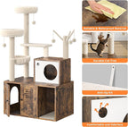 GarveeLife Litter Box Enclosure with Tree Tower and Condo, Wooden Cat Tower with Scratching Posts, Cat Hammock, Hidden Litter Box Furniture, Wooden Cat Furniture with Multiple Platforms, Rustic Brown