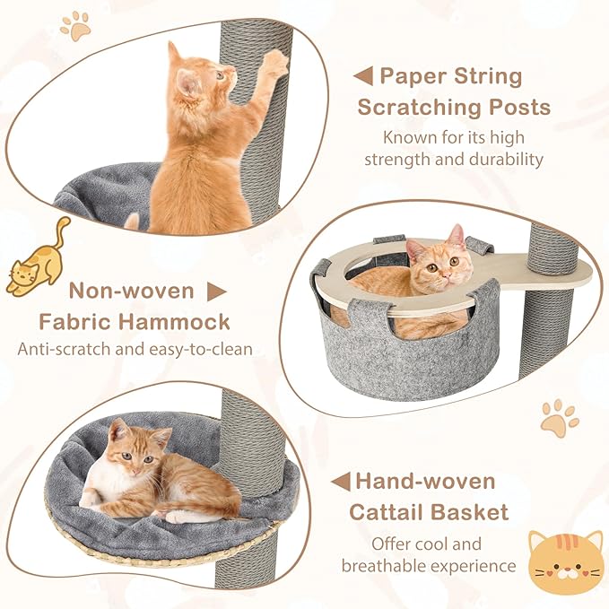 PETSITE Floor to Ceiling Cat Tree, 100-110 inch Height Adjustable, Multi-Level Cat Tower Floor to Ceiling with Scratching Posts, Cat Condo, Hammock, Tall Ceiling Cat Tree for Indoor Cats Large