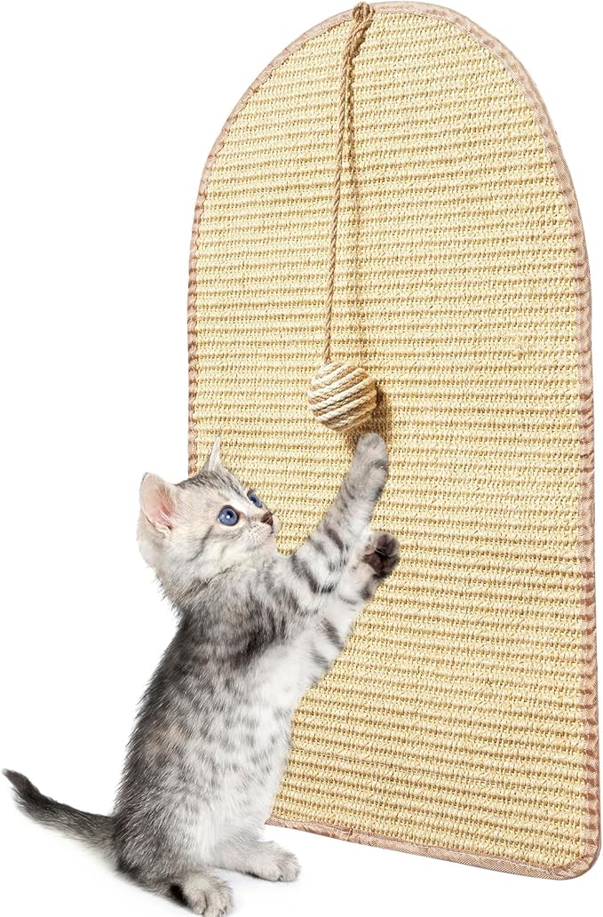 Natural Sisal Cat Scratcher Mat with Sisal Ball, Cat Wall Scratcher Cat Scratchers for Indoor Cats with Velcro Tapes, Cat Scratch Pad Carpet Rug, Wall Mounted Cat Scratching Mat Protect Wall and Sofas