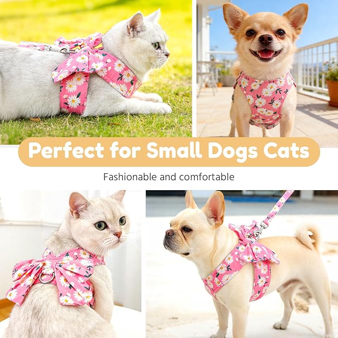 BAEJMJK Dog Harness and Leash Set with Bow Knot No Pull Pet Daisy Floral Harness with D-Ring Soft Mesh Dog Harness Vest Set Escape Proof Princess Puppy Harness for Small Girl Dogs Cats（Pink L）