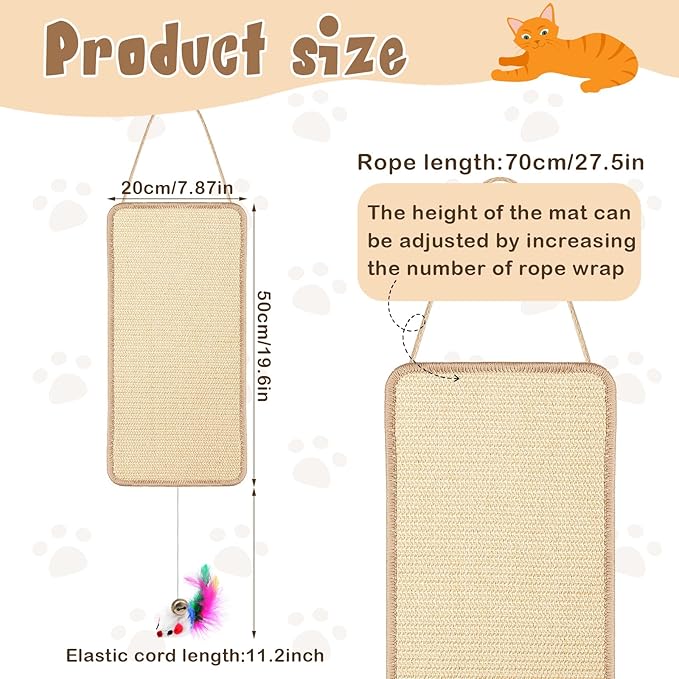 2 Pack Cat Door Toy 7.87"x19.69" Sisal Door Cat Scratching Mat with a Mouse Play Toys Double Use Hanging Scratcher Wall Floor Mount Kitty Scratching Pad for Indoor Kitten with Hemp Rope