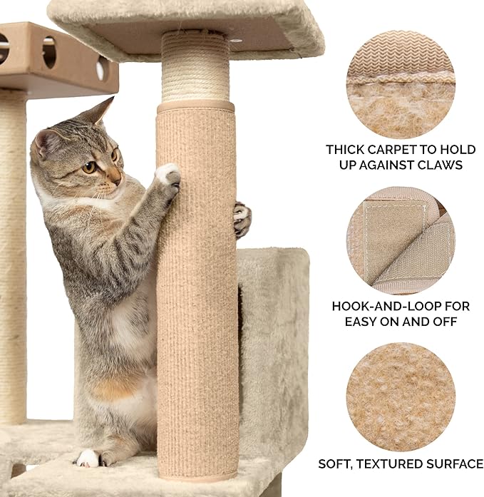 Furhaven Wrap Around Scratching Post Cover for Indoor Cats, Fits Posts Up to 3.5" Diameter, Durable & Less Mess - Tiger Tough Carpet Scratch Mat - Cream, Large