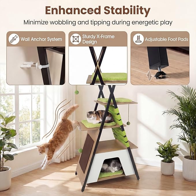 Tangkula 73 Inch Tall Cat Tree, Modern Wood Cat Tower with Scratching Pad, Extra-Large Perch & Removable Washable Mats, 3 Pompoms, Multi-Level Cat Furniture for Indoor Cats Large Adult (Green)