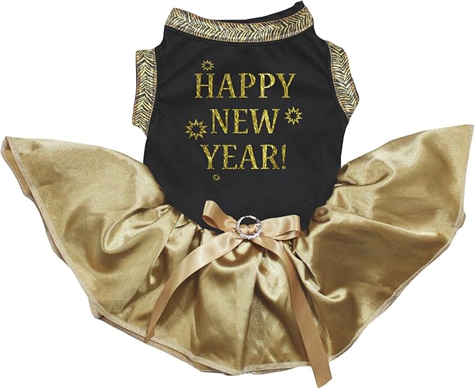 Petitebella Happy New Year Puppy Dog Dress (Black/Gold, X-Small)