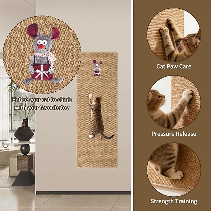 FHTONGE 39.4x15.8 Thickened Cat Wall Climbing Carpet with 16 Fixed Nails, Extra Large Tall Cat Scratch Pad for Wall, Wall Mounted Climbing Cat Scratcher for Furniture Couch Sofa Protector(Camel)
