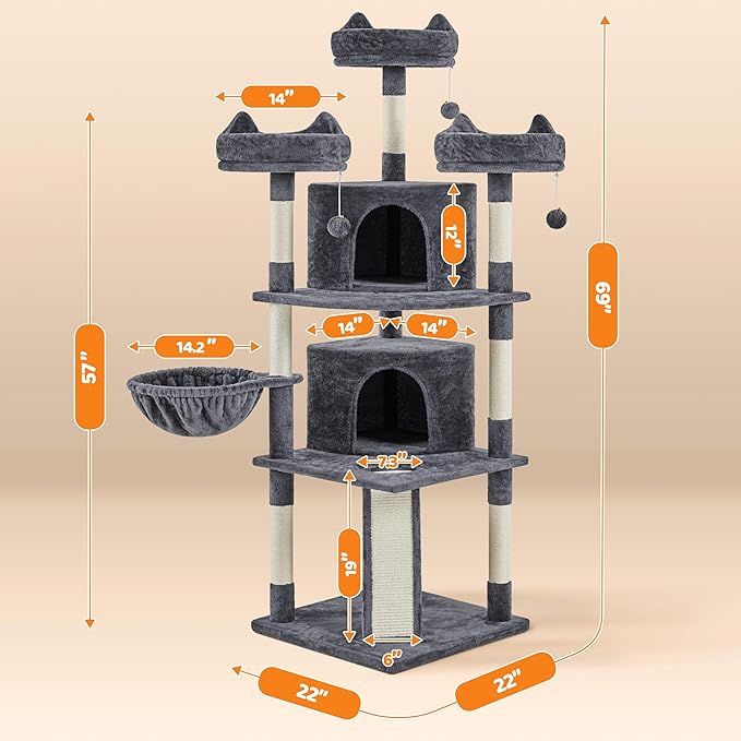 Topeakmart Large Cat Tower Cat Tree with Caves Condos, Platforms Scratching Board & Scratching Posts as Cat Activity Center, Pet Play House