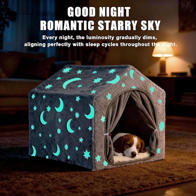 Indoor Dog House, Night-Luminous Star Dog Tent with Frame, Washable Dog Cave Bed, Suitable for 18-40 lb Small and Medium Dog