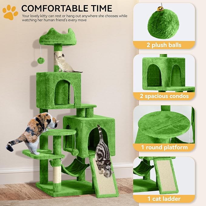 YITAHOME 54in Cat Tree Tower Condo, Multi-Level with Sisal Scratching Post, Cat Condos, Plush Top Perches, Hammock, Space Saving Cat Condo, Dangling Ball, Pet Play House,Pet Gift, Green