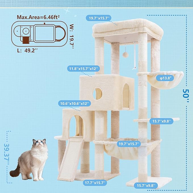 Hey-brother Cat Tree Tower, Scratching Posts with Big Platform, 2 Condos, Spacious Hammock, Cozy Basket, Sisal Board for Indoor Large Adults, 50 Inches Progressive Climbing House, Beige MPJ071M