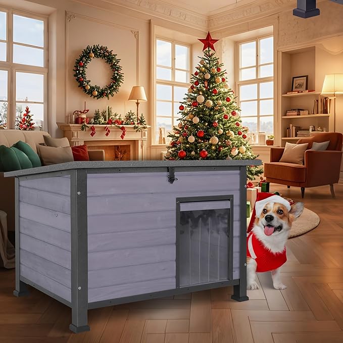 Dog House Outdoor Weatherproof, Sturdy Large Breed Doghouse Anti-Chewing Iron Frames Wood Houses, Dog Shelter for Indoor Puppies, Cats