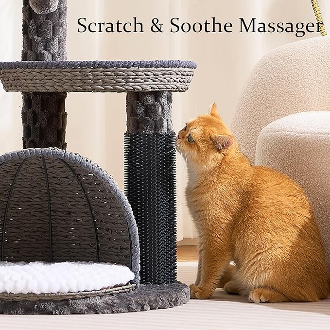 Wood Modern Cat Tree for Large Cat, 46" Tall Cat Tower with Scratching Posts, Cat Condo, Aesthetic Multi-Level Cat Climbing Tree with Hand-Woven Bed for Adult Indoor Cats-Grey