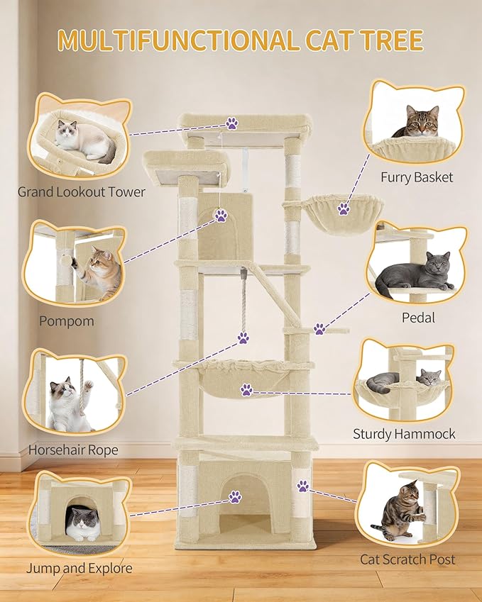 Large Cat Tree, 72 Inch Tall Indoor Cat Tower for 6 Large Cats, Corner Climbing Activity Pet Condo with 2 Large Platforms/2 Cats House/6 Scratching Post/1 Hanging Basket, Beige MS18318YG