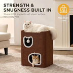 Joydeco Cat House for Indoor Cats, 2 Story Scratch Resistant Felt Cat Condo, Hideaway Pet Cave Bed with Fluffy Ball and Tunnel for Kitten, Small Dogs, Rabbits, 17.7 x 13.3 x 24, Coffee