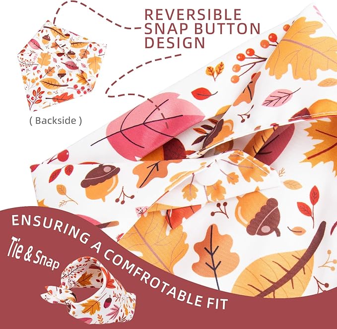 Fall Dog Bandanas - Colorful Autumn Leaves, Acorns & Berries Print, Thanksgiving Holiday Triangle Pet Scarf with Snap Button, Small and Medium Breed, 5-30lbs