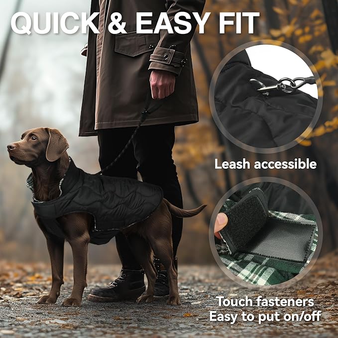 VIVAGLORY Softjoy Dog Coat, Dog Jacket for Winter & Christmas, Coat with Harness Hole, Reversible Plaid Checkered Warm Fluffy Heavy Duty for Puppy, XS, Green