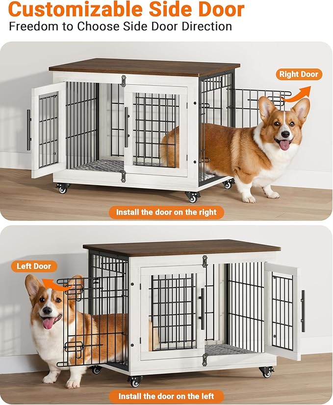 Dog Crate Furniture with Cushion, Wooden Dog Kennel Indoor with Double Doors, Dog Cage with Wheels, Dog House Side End Table for Small Medium Dogs up to 45 lb, 32.5" L, White