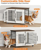 Dog Crate Furniture with Cushion, Wooden Dog Kennel Indoor with Double Doors, Dog Cage with Wheels, Dog House Side End Table for Small Medium Dogs up to 45 lb, 32.5" L, White
