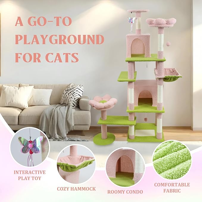 Montary 71" Multi-Level Tall Flower Cat Tree Tower: with Removable Flower Cushion, Hammock, Cozy Cat Nest, Interactive Play Toy & Comfortable Fabric, Pink & Green