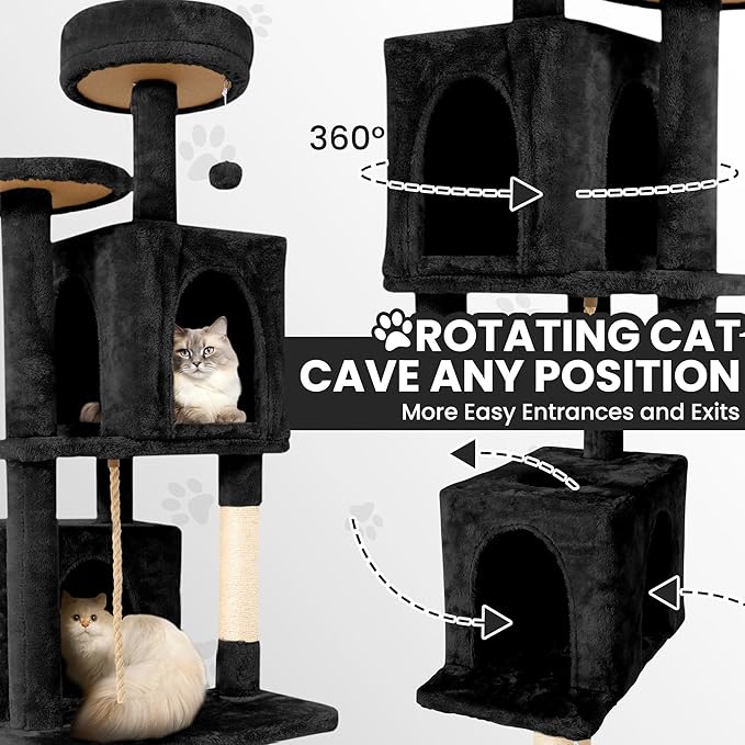 58" Cat Tree Large Cat Tower Condo w/Multi-Level Scratching Post for All Indoor Cats (Black)