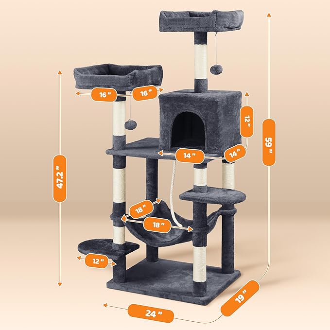 Topeakmart 59 inches Cat Tree Cat Tower Stand House Condo with Big Hammock Scratching Post Kitty Pet Play House