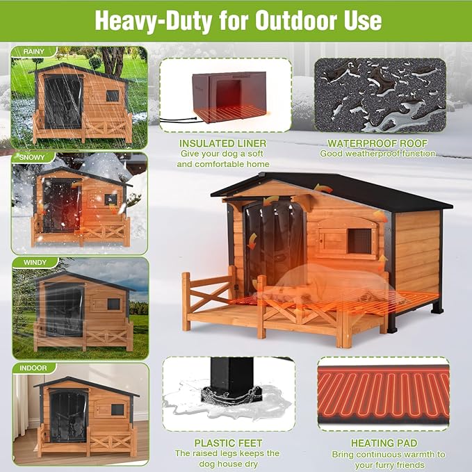 GUTINNEEN Heated Dog House Outdoor with Proch Weatherproof Dog Kennel with Heating Pad Anti-Chewing Iron Frame Dog Shelter for Small Medium Dogs(Brown)