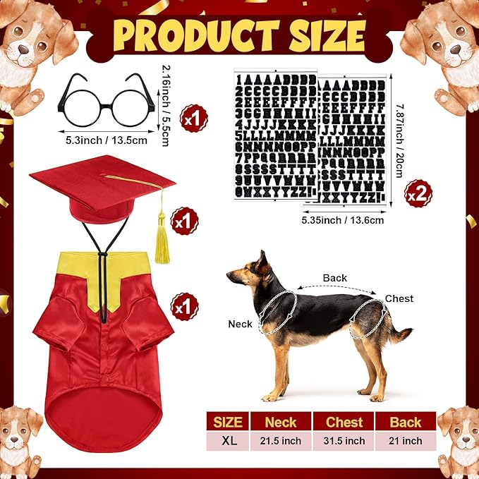 5 Pcs Dog Graduation Costume Set Include 2026 Pet Graduation Gown with Stole Puppy Grad Cap Lensless Glasses DIY Letter Stickers for Dogs Cats Holiday Costume Accessory(Red Yellow,XL)