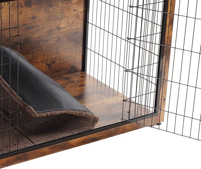 DWANTON Dog Crate Furniture with Cushion, Wooden Kennel Table with Double Doors, Indoor Dog House, Extra Large Size, 43.3" L, Rustic Brown