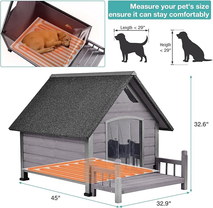 Dog House Outdoor, Insulated Dog Kennel Outside for Large Breed, 50.87" L Weatherproof Large Dog Shelter with Anti-Chewing Iron Frame (Grey-H, 45" D x 32.9" W x 32.6" H)
