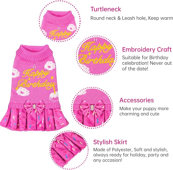 CuteBone Pink Dog Sweater Dress Happy Birthday Pet Sweater Sweaters for Small Dogs with Bowtie Pullover Pupply Clothes Cats Clothes