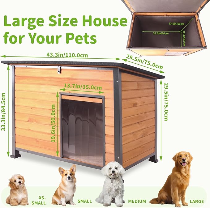 Insulated Dog House Outdoor Weatherproof, Wooden Heated Large Houses with Removable Liner for Winter, Upgrade Anti-Chewing Iron Frame Dog Shelter for Puppies, Cats
